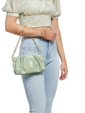 House of Want Chill Baguette Clutch Bag with removable gold chain in green fig